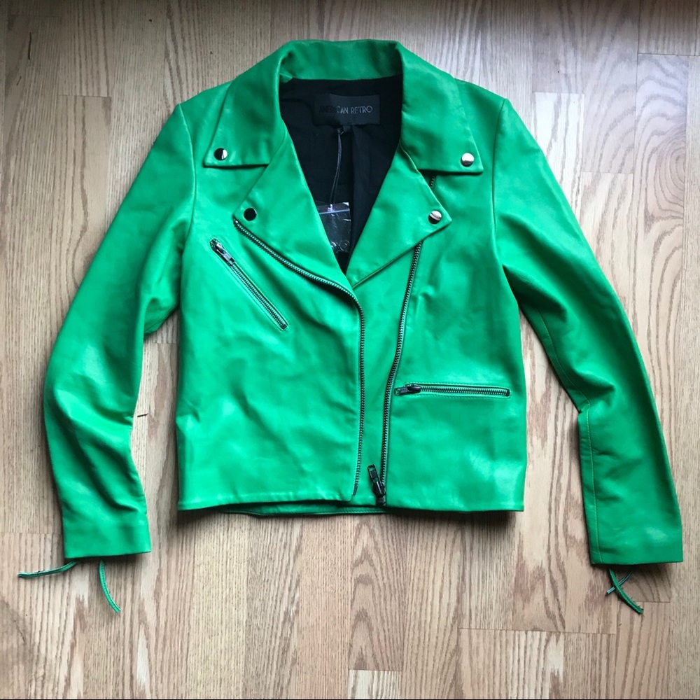 100% lamb leather green moto lace up jacket